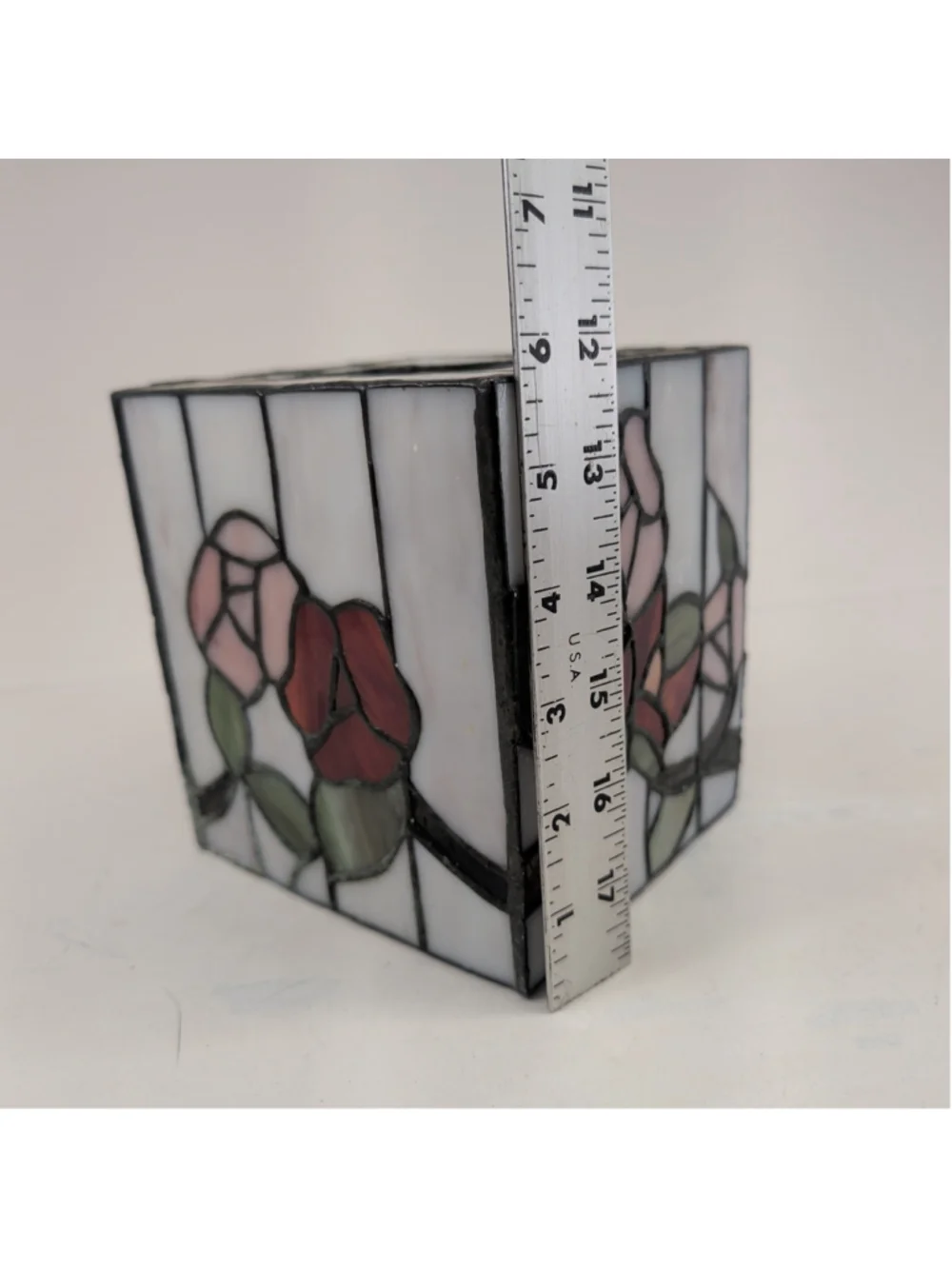 Stained glass floral rose square tissue box holder